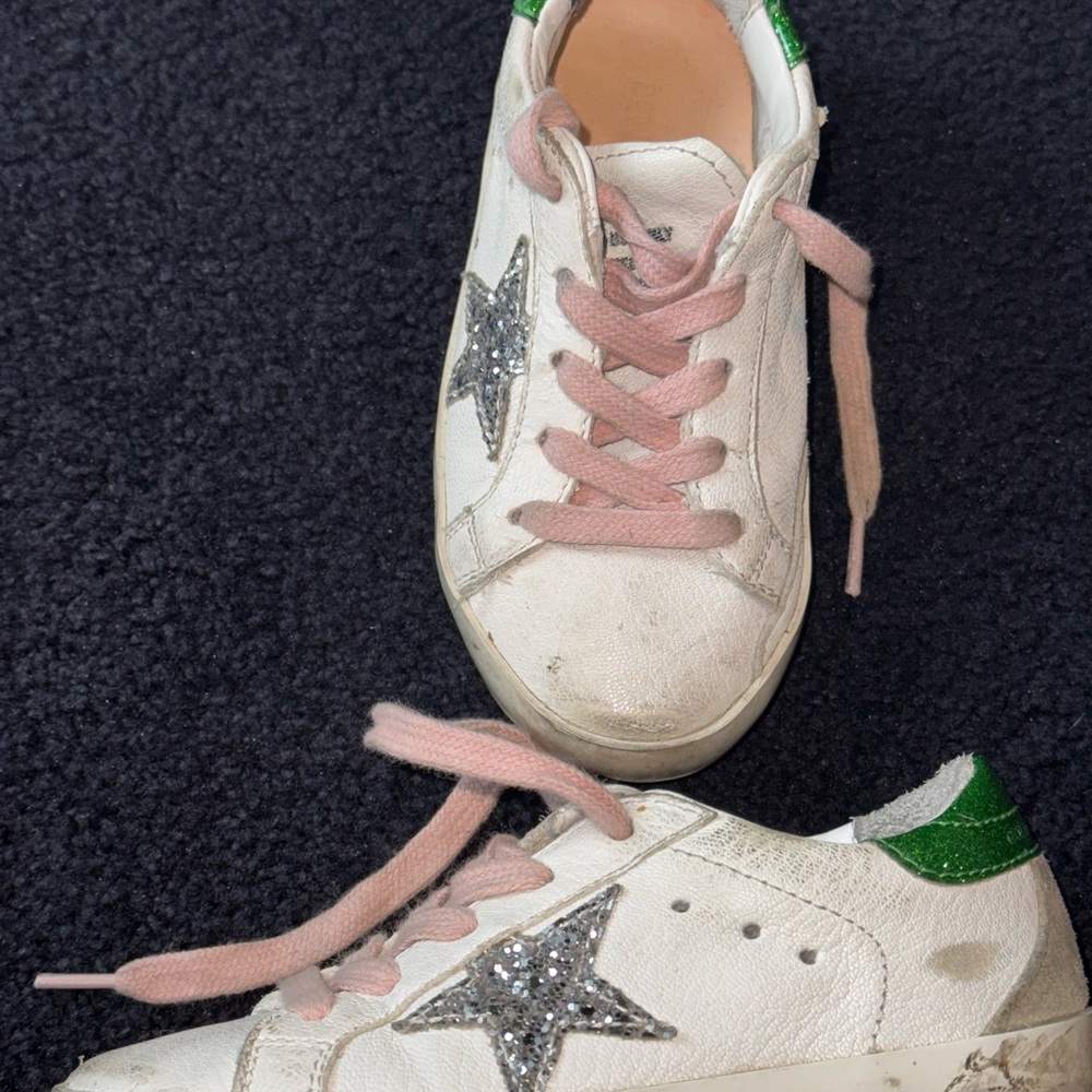 Golden Goose White Sneakers with Pink Laces and Green Accents